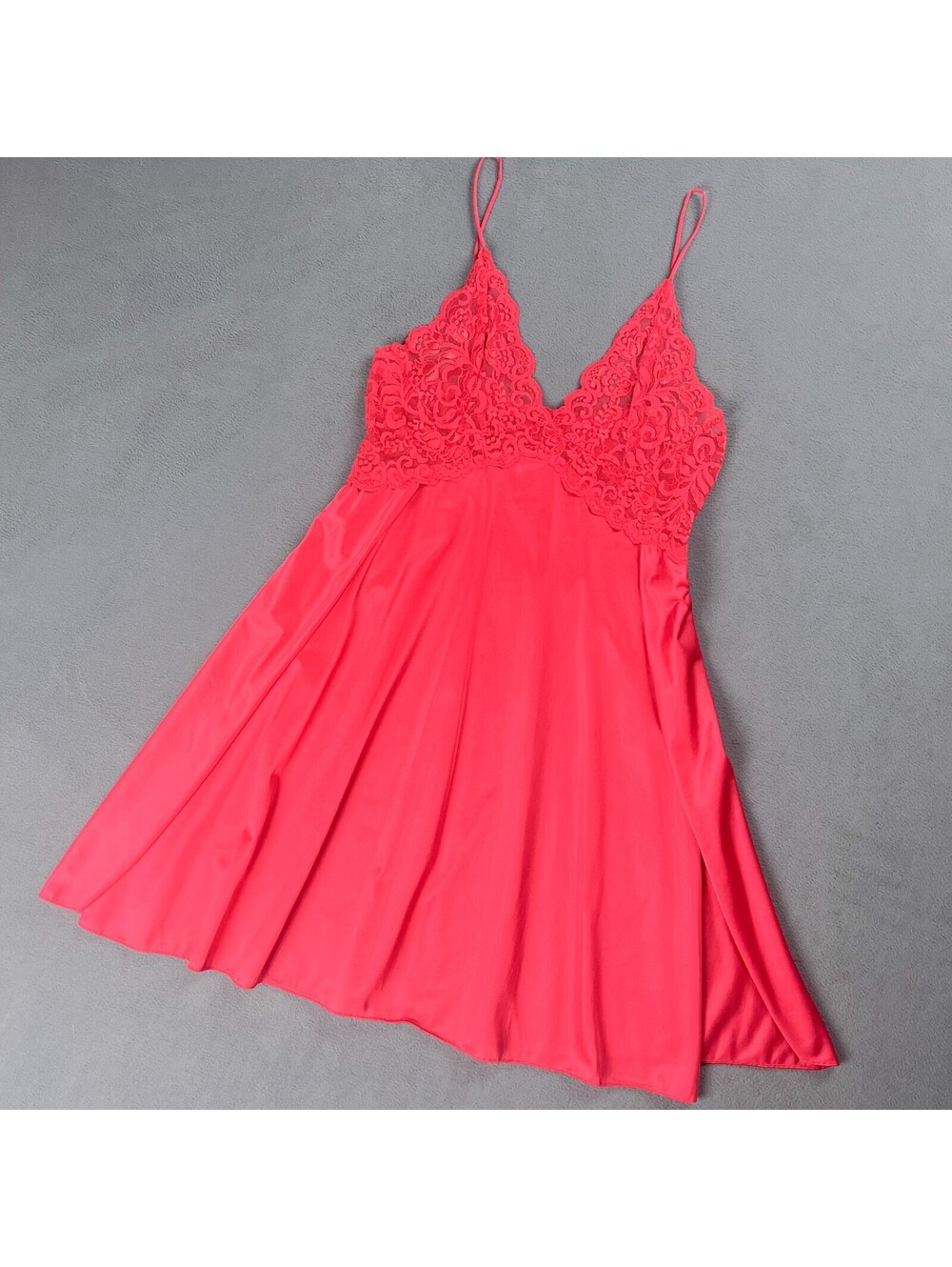 Vintage Red Babydoll Mini Slip with Sheer Lace Bust and Long Leg Slit